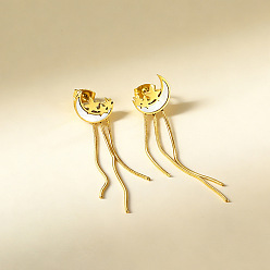 Doré  304 Boucles d'oreilles à tige en acier inoxydable et coquillage pour femmes, boucles d'oreilles pompon, lune et étoiles, or, 60mm