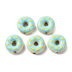 Светло-Синий Фарфоровые эмалевые бусины ручной работы, пончик, яркие глазированный фарфор, голубой, 14~16x7 мм, отверстие : 1.5 мм