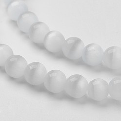 White Cat Eye Beads, Round, White, 6mm, Hole: 1mm, about 66pcs/strand, 14.5 inch/strand