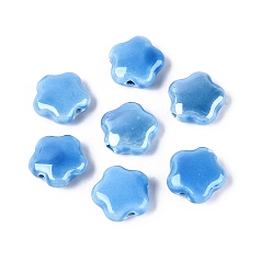 Dodger Blue Handmade Porcelain Beads, Bright Glazed Porcelain, Flower, Dodger Blue, 14~15x14~15x6~7mm, Hole: 1.8~2.2mm