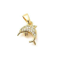 Настоящее золото 18K Латунные микропаве прозрачные кубические циркониевые подвески, прелести дельфинов, стойки покрытие, долговечный, без свинца и без кадмия, реальный 18 k позолоченный, 11.5x9.5x2.5 мм, отверстие : 4.5x2.5 мм