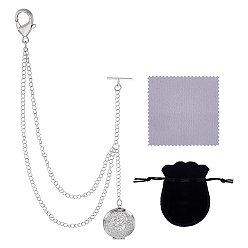 Platine Chaînes de montre de poche en laiton pour médaillon, avec fermoir mousqueton et barre en T, chiffon de polissage inclus, sachets en velours, plat et circulaire avec motif floral, platine, 290mm