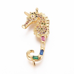 Золотой Латунные микро проложить кубических ссылки циркония, морской конек, красочный, золотые, 34x14x3 мм, отверстие : 1 мм