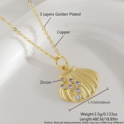 Shell Shape Ожерелья с подвесками Ocean Summer из латуни с прозрачными кубическими цирконами и паве, золотые, формы раковины, 17.72 дюйм (45 см), Кулон : 17 мм