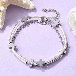 Платина Браслеты из латунных трубчатых бусин для женщин, с поперечным гальваническим покрытием из немагнитного синтетического гематита и стальной проволоки с эффектом памяти, платина, внутренний диаметр: 2-1/4 дюйм (5.7 см)