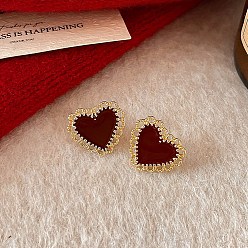 Сердце Серьги-гвоздики из сплава и смолы ко Дню святого Валентина, золотые, сердце, 17.5x19.5 мм