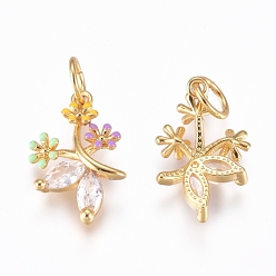 Golden Brass Charms, with Micro Pave Cubic Zirconia, Enamel and Jump Rings, Flower, Colorful, Golden, 15.5x10x3mm, Hole: 3.2mm