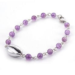 Amethyst Natural Amethyst Beads Bracelets, with Electroplated Shell Beads, Cowrie Shells, 8-1/8 inch(20.5cm)
