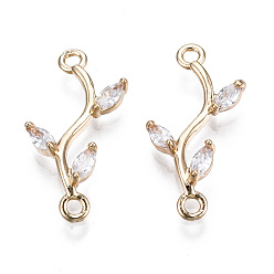 Прозрачный Соединители из латуни с микропаве и кубическим цирконием, золотой свет, долговечный, без кадмия и без свинца, филиал, прозрачные, 20~21x8.5x3 мм, отверстие : 1.5 мм