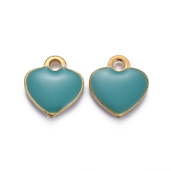 Light Sea Green Brass Charms, with Enamel, Enamelled Sequins, Long-Lasting Plated, Nickel Free, Real 18K Gold Plated, Heart, Light Sea Green, 10x9x2mm, Hole: 1.6mm