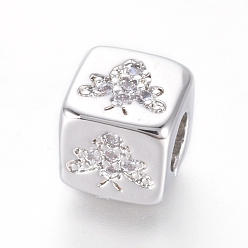 Platinum Brass Beads, with Micro Pave Cubic Zirconia, Cube with Bee, Clear, Platinum, 6x6x6mm, Hole: 3mm
