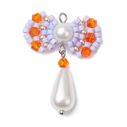 Лиловый Стеклянные бусины ручной работы, Ткацкий станок, с акриловыми шариками, бантом кулон, сирень, 33x26.5x7.5 мм, отверстие : 2 мм