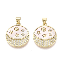 Настоящее золото 18K Латунные микропаве прозрачные подвески с фианитом, с оболочкой, плоская круглая форма с подвесками в виде неба, реальный 18 k позолоченный, 22.5x19.5x2.5 мм, отверстие : 4x3 мм