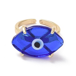 Blue Lampwork Oval with Evil Eye Open Cuff Ring, Real 18K Gold Plated Brass Lucky Jewelry for Women, Lead Free & Cadmium Free, Blue, US Size 6 1/4(16.7mm)