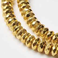 с Золотистым Покрытием Немагнитные синтетический гематит бисер пряди, граненые, рондель, с золотым покрытием, 7x3 мм, отверстие : 1 мм, около 135 шт / нитка, 15.7 дюйм