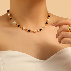 Золотой Ожерелья из натурального пресноводного жемчуга и круглого натурального черного обсидиана для женщин, с концевыми цепями из нержавеющей стали, золотые, 15.75 дюйм (40 см)