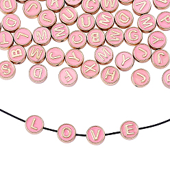 Pink Бисера эмали сплава, плоские круглые с буквы, золотой свет, розовые, 8x3.5 мм, отверстие : 1.4 мм, 50 шт / коробка