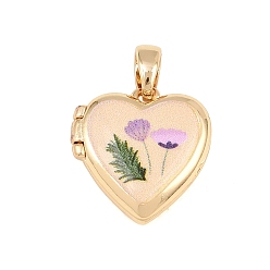 Golden Printed Brass Locket Pendants, Heart with Flower Charm, Golden, 16.5x15.5x5.5mm, Hole: 4x3mm, inner size: 11x11.5mm