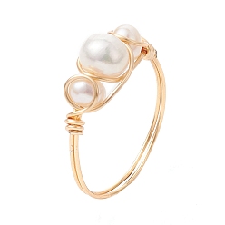 Light Gold Natural Pearl Finger Rings, Copper Wire Wrapped Ring, Light Gold, US Size 8 1/2(18.5mm)
