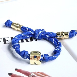 Синий Браслеты из хлопкового шнура с плетеным узлом и буквой R, латунные подвески в виде букв алфавита для женщин и мужчин, золотые, синие, внутренний диаметр: 1.97~2.76 дюйм (5~7 см)