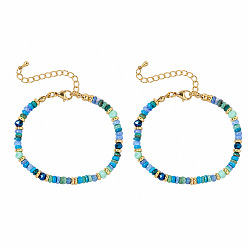 Blue Dyed Natural Shell and Brass Rondelle Beaded Bracelet Sets for Women, Stackable Bracelets with Glass, Golden, Blue, 6.50 inch(16.5cm)~6.69 inch(17cm), 2pcs/set