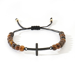 Тигровый глаз Браслеты из круглых бусин из натурального черного оникса, браслеты с подвесками крест для мужчин