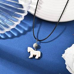 Белый Подвеска в виде лошади из окрашенной синтетической бирюзы, ожерелья из черного вощеного шнура, платина, белые, 17.91 дюйм (45.5 см)