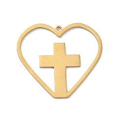 Oro 201 colgantes de acero inoxidable, corazón con encantos cruzados, Corte con laser, dorado, 27.5x29.5x1.5 mm, agujero: 1.4 mm