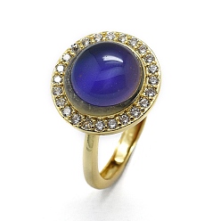 Золотой Латунные микро проложить манжеты кольца кубического циркония, открытые кольца, со стеклом, цвет будет меняться при разных температурах, плоско-круглые, красочный, золотые, Размер 8, 18 мм