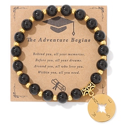 Черный Камень Эластичные браслеты из натурального черного камня с круглыми бусинами, металлические браслеты с подвесками для ювелирных украшений для старших классов, внутренний диаметр: 2-3/8 дюйм (6 см)