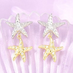 Platinum & Golden Brass Micro Pave Cubic Zirconia Dangle Stud Earrings, Starfish, Lead Free & Cadmium Free, Long-Lasting Plated, Rack Plating, Platinum & Golden, 43x25mm