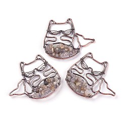 Labradorite Natural Labradorite Big Pendants, with Brass Findings, Animal, Red Copper, 44x50x6mm