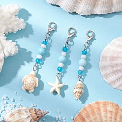 Platinum 3Pcs Ocean Theme Synthetic Turquoise Charm & Glass Beads Pendant Decorations, with Lobster Claw Clasps, Starfish Turtle Conch, Platinum, 58~62.5mm