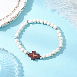 Говлит Крест синтетическая бирюза и деревянные круглые бусины эластичные браслеты для мужчин и женщин, внутренний диаметр: 2 дюйм (5 см)