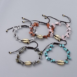 Mixed Stone Adjustable Chip Natural & Synthetic Gemstone Braided Bead Bracelets, with Electroplated Cowrie Shell Beads, Golden Plated Brass Beads and Nylon Thread, 5.4~8.8cm