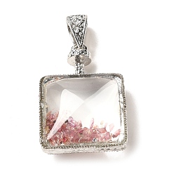 Clear Glass Locket Pendants, with Natural Shell Chips Inside and Alloy Findings, Square Charm, Clear, 39.5x27.5x14.5mm, Hole: 9x6mm