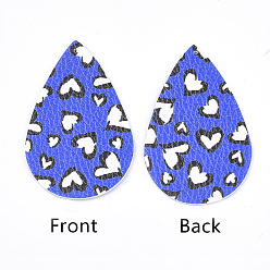 Blau Pu-Leder große Anhänger, Träne, mit Herz-Muster, zum Valentinstag Schmuck machen, Blau, 56x37x1.5 mm, Bohrung: 1.2 mm