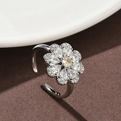 Платина Кольца-манжеты из цветочной латуни с микропаве из кубического циркония для женщин, без кадмия и без свинца, стойки покрытие, платина, 14.5x15 мм, размер США 6 (16.5 мм)