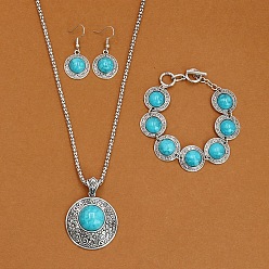 Голубой Ожерелья и браслеты из сплава с синтетической бирюзой, а также наборы серег-подвесок, античное серебро, плоско-круглые, голубой, 490 мм
