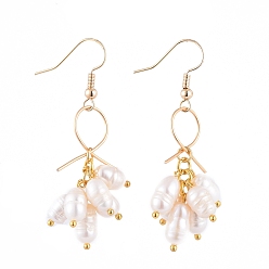 White Natural Cultured Freshwater Pearl Dangle Earrings, with Golden Plated Brass Earring Hooks, Copper Wire and Cardboard Boxes, White, 50mm, Pin: 0.8mm