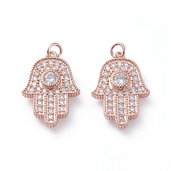Розовое Золото Латунные микро проложить кубического циркония подвески, с паяными кольцами, hamsa рука / рука fatima / рука miriam, прозрачные, розовое золото , 18x12x3 мм, отверстие : 2.2 мм