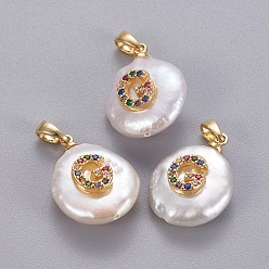 Letter G Подвески из натурального пресноводного жемчуга, с латунными микро проложить кубических выводы циркония, самородки с буквой, долговечный, золотые, красочный, letter.g, 17~27x12~16x6~12 мм, отверстие : 4x2.5 мм