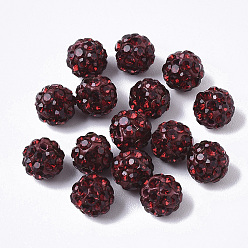 Siam Pave Disco Ball Beads, Polymer Clay Pave Rhinestone Beads, Round, Half Drilled, Siam, PP15(2.1~2.2mm), 4 Rows Rhinestone, 6.5mm, Half Hole: 1mm