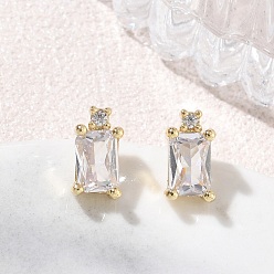 Clear Brass Micro Pave Clear Cubic Zirconia Stud Earrings, Rectangle, Long-Lasting Plated, Rack Plating, Lead Free & Cadmium Free, Real 18K Gold Plated, Clear, 9x5mm