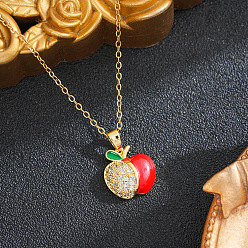 Apple Brass Enamel Fruit Pendant 201 Stainless Steel Cable Chain Necklaces for Women, Ion Plating(IP), Real 18K Gold Plated, Red, Apple, 15.75 inch(40cm)