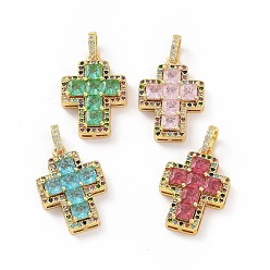 Mixed Color Brass Micro Pave Clear Cubic Zirconia Pendants, Cross, Religion, Mixed Color, 24x17x5mm, Hole: 3.5x5~5.5mm