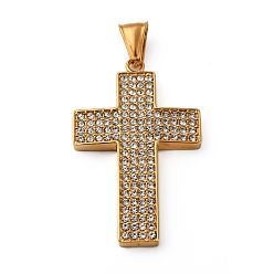 Золотой 304 подвески из нержавеющей стали, со стразами, крест очарование, вакуумное покрытие pvd, золотые, 46x29x4.5 мм, отверстие : 9x4 мм