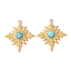 Золотой Синтетические бирюзовые подвески, подвески-кресты с 304 оправами из нержавеющей стали, золотые, 32x28.5x5 мм, отверстие : 1.8 мм