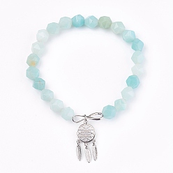 Flower Amazonite Natural Flower Amazonite Beads Charm Bracelets, with Brass Findings, Woven Net/Web with Feather, 2 inch(5.2cm), Pendant: 24x10.5x2mm