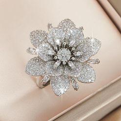 Серебро Кольца из латуни с микропаве, прозрачные кольца с кубическим цирконием, цветок, серебряные, внутренний диаметр: 18 мм